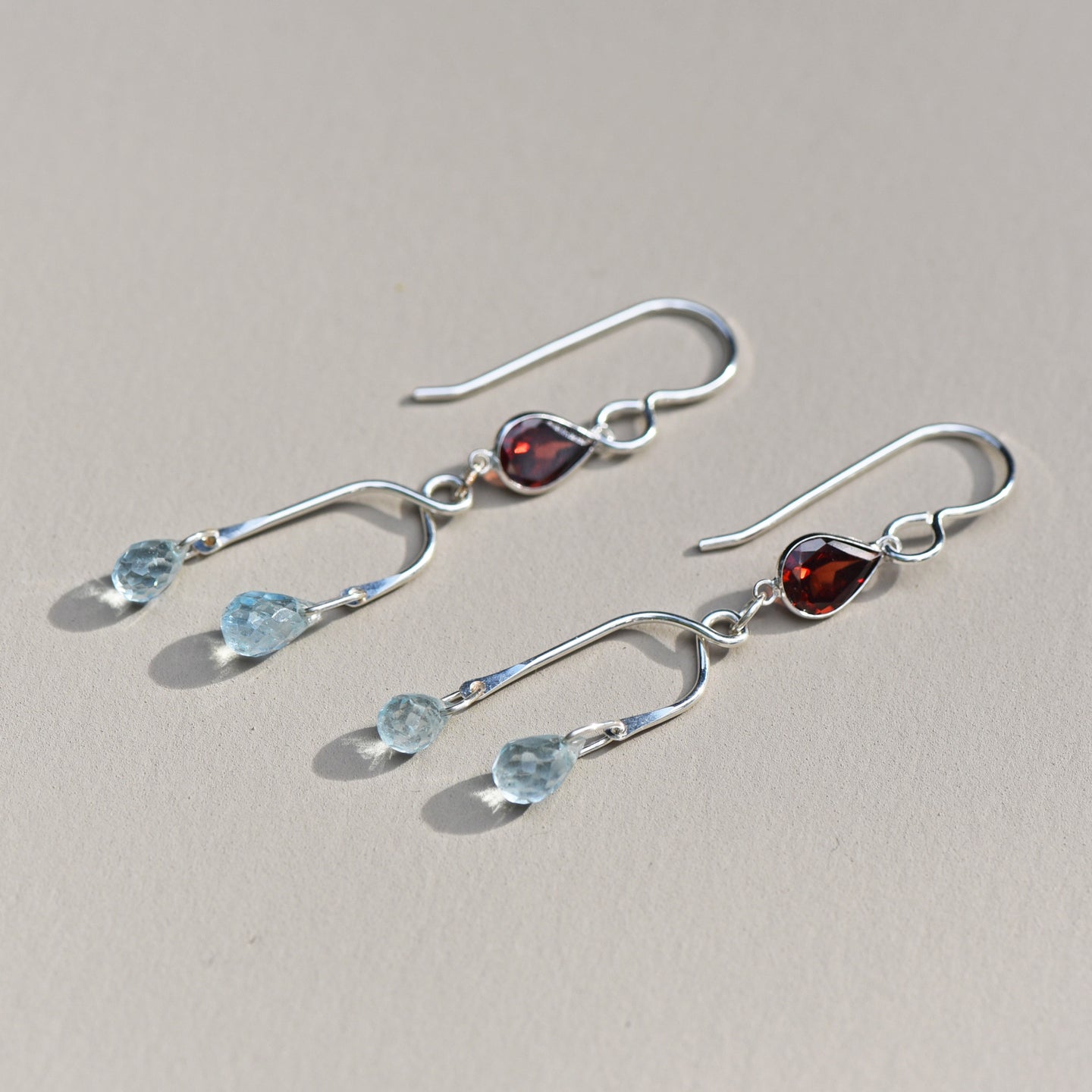 Garnet and Aquamarine Droplet Earrings